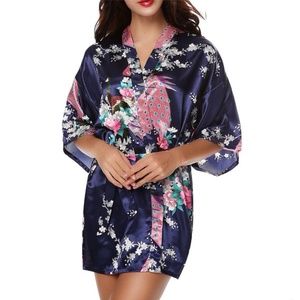 MEI YESIDA Navy Blue Silk Satin Kimono Style Robe